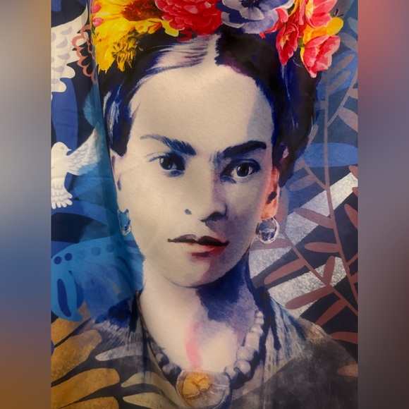 Blue Asymmetrical Frida Kahlo Midi Satin Summer Skirt - Picture 5 of 5